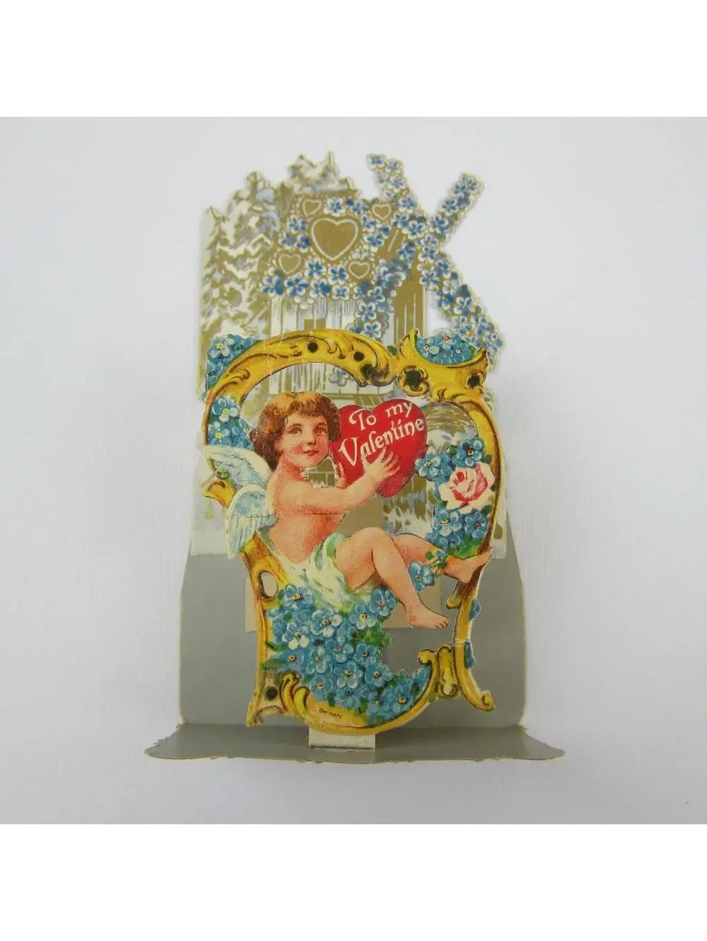 Vintage Valentine 3D Pop Up Die Cut Blonde Boy Angel Cupid Gold Harp Blue Flower